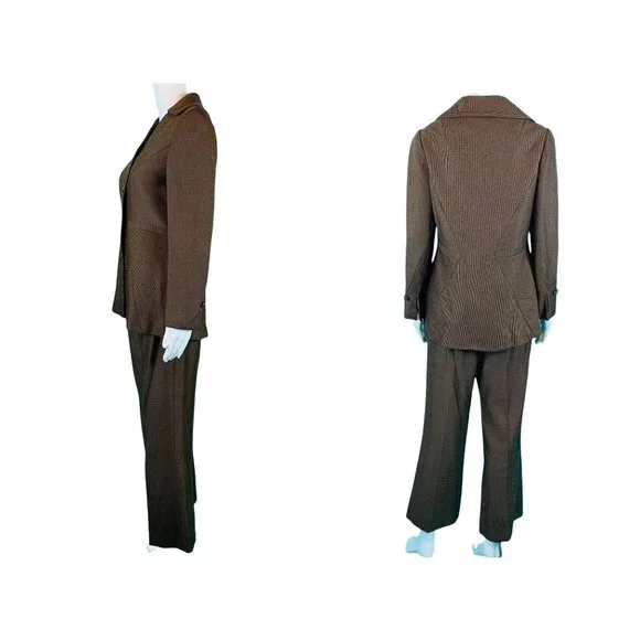 Vintage 70s Suit Set Womens M James Chen Brown Black Striped Pants Blazer Outfit